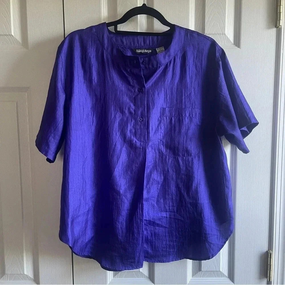Vintage Purple Blouse, collarless quarter button up Ashleigh Morgan, Size Large